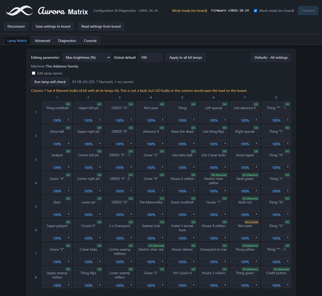 Aurora Matrix configuration tool showing all 64 lamps with their names and self-check results